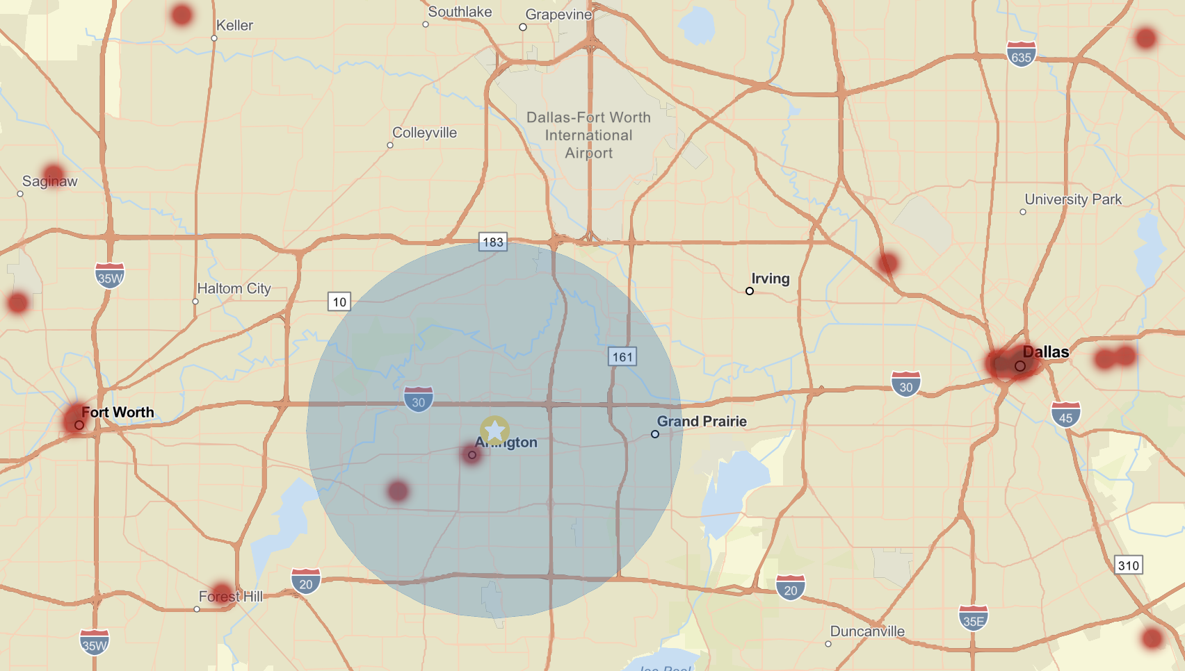 Annotated Seerist heatmap for Dallas / Fort Worth