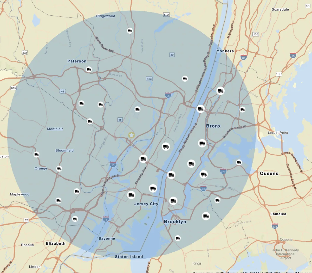 Map of open-source transportation reporting within a 12-mile radius of MetLife Stadium